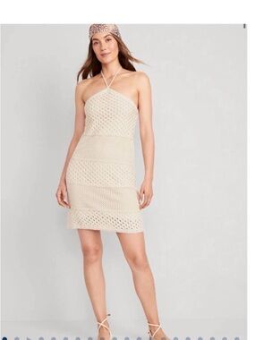 NWT Beige Crochet Halter Mini Dress - Women size xl vacation resort wear boho